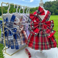 Fashionable Pet JK Style Dress Dog Plaid Dress Set Cat Princess Dress Strap Towing Rope