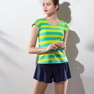 【SARLEE】條紋有袖兩截褲裙泳衣(附襯墊及泳帽)