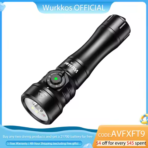 Wurkkos DL08 High-Power Flashlight 21700 Rechargeable Dive Light 3600Lm with Rotating Magnetic Switc