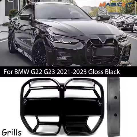 MAGICKIT Front Bumper Grille Grill Mesh CSL Style For BMW 4 Series G22 G23 2021-2023 Gloss Black CAR