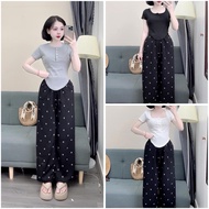 Babytee Shirt Set U Neck 3 Buttons Ball Gown Mixed with Straight Pants XCN Women's Fashion HARIQUEEN