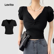 Lovito Casual T-shirt Knot Soft and Comfortable Spring/summer Black T-shirt for Women L138ED188 Lovi
