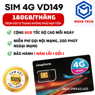 Sim VD149 gói 12 tháng không phải nạp tiền  - 180GB/Tháng - 6GB/Ngày - Miễn phí gọi nội mạng và 200 