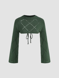 Cider Round Neckline Solid Argyle Knitted Crop Long Sleeve Top | Knitwear Sale