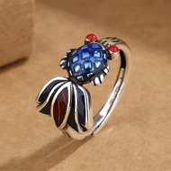 Plated 925 Silver Enamel Burnt Blue Goldfish Ring Thai Silver Koi Small Fish Live Ring