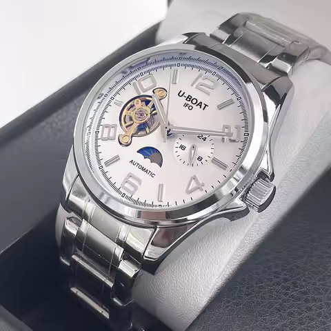 U-BOAT IFO Automatic Mechanical Watch Men 42mm Stainless Steel Moonphase Open Heart 24H Subdial Busi