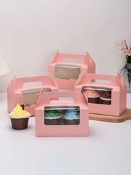 5入/組10入/組20入/組透明展示窗口粉紅色2孔松餅杯便攜盒，適用於生日婚禮聚會，情人節禮品包裝盒，用於小蛋糕和甜點的紙杯蛋糕盒