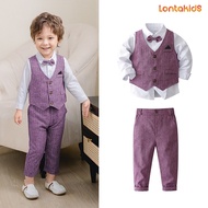 【TI shop】 lontakids 4Pcs Toddler Baby Boy Purple (Vest + Bowtie + Long Sleeve Shirt + Pants) Clothes