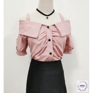[Ready Stock] Posh Code off-shoulder fake button Short-Sleeved Blouse 高品质露肩假纽扣短袖上衣