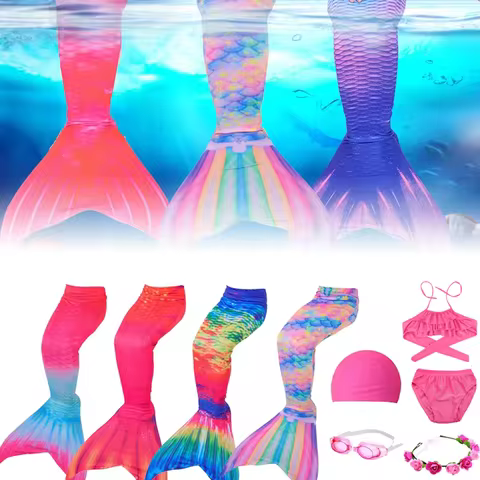 6pcs Mermaid Tails for Swimming Girls Swimsuit Princess Bikini Bathing Suit Set with Goggle Hat Garl