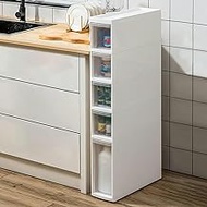 6.3in(W) Small Bathroom Cabinet with Narrow Plastic Storage Drawers, Toilet Paper Storage, 5 Tier White Toilet Paper Storage Cabinet for Kitchen, Bathroom, Bedroom