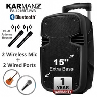 KARMANZ 15 inch Portable Trolley Speaker Amplifier Karaoke + 2 Wireless Mic