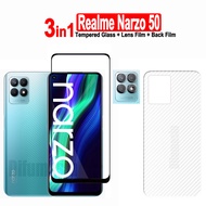 3in1สำหรับ Realme ฟิล์มกระจกเทมเปอร์ Narzo 50และ Realme Narzo 50 Pro 5G 50i 50A Prime / Realme Narzo ปกป้องหน้าจอ N53 N55 + ฟิล์มเลนส์กล้อง + ฟิล์มด้านหลังคาร์บอนไฟเบอร์