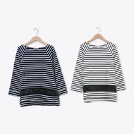 [CUMAR] Classy Striped Stitching Top Blue White