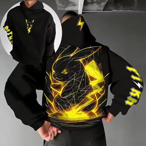 Pokemon Anime Pikachu Cotton Hoodie and Harajuku Pants Set Black Yellow Character Print Two Piece Ou