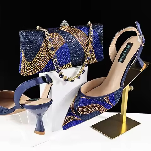 Navy Blue Women Shoes And Bag Set Fashion African Ladies Pumps Match With Handbag Purse Clutch Point
