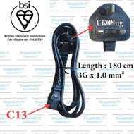 UK Plug to C13 CPU Power Cable 3x1.0 mm2 180 cm BSI Approved