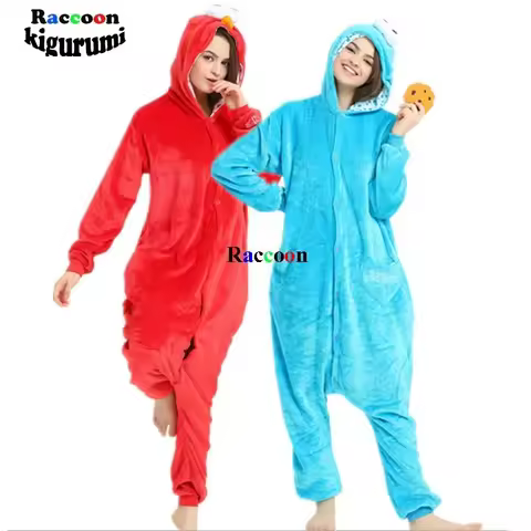 Cute Blue Kigurumi Women's Onesie Cartoon Cookie Monster Loose Christmas Home Party Red Pajamas Paja