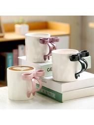 1pc Cute Bowknot Ceramic Mug, 400ml (13.53oz) Honeycomb Texture Coffee Cup, Large Capacity Happy Gir