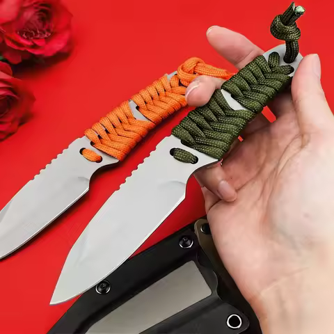 8Cr13MoV Steel Fixed Blade Knife, Paracord Anti-Slip Wrapped Handle, Durable EDC Gear with Sheath fo