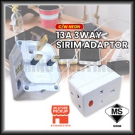 (SIRIM) 13A 3 Way Multiple Adapter NEON Light Indicator 3 Gang Pin Socket Plug Soket Suis Eurosafe E