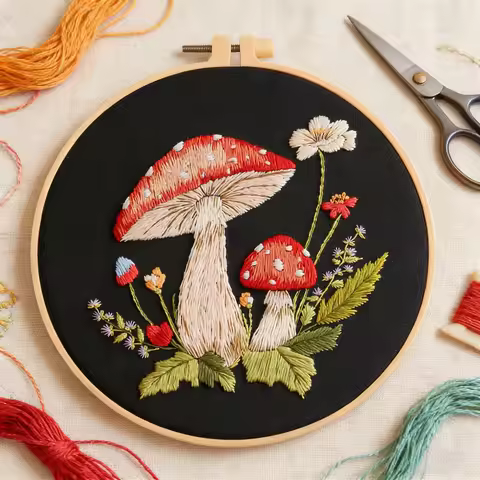 DIY Cartoon Embroidery Kit Mushroom Embroidery Kit, Adult Beginner DIY Needle Kit, Art Craft Handy S