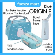 ORIGIN F || Set Kotak Makan 1000ml 3 Grid + Sendok & Garpu + Botol Minum + Tas Bekal || Lunch Box Se