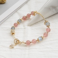 Natural Strawberry Crystal 14K Gold Bracelet Female Fashion Niche Design Pink Crystal Bracelet Jewelry Gift