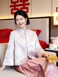 粉色 梔瑤新中式新娘套裝 秋冬婚禮套裝 中式馬面裙