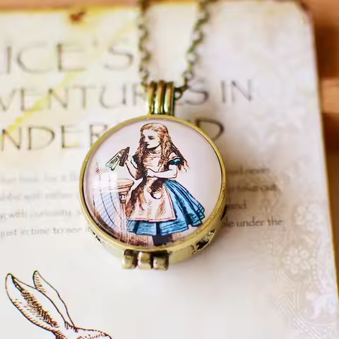Women Vintage Bronze Color Locket Perfume Necklace Alice In Wonderland Essential Oil Diffuser Neckla
