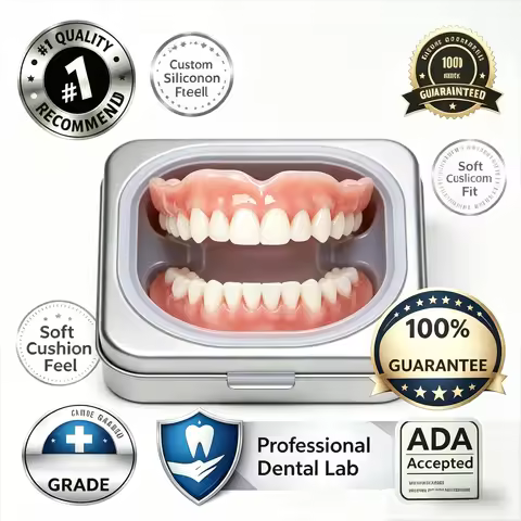 Adjustable Full Mouth Dentures Set–Natural Silicone Upper & Lower Fake Teeth, Comfort Fit, Portable 