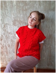 厚實的手工針織毛衣背心女，紅色背心，女裝，羊毛衫