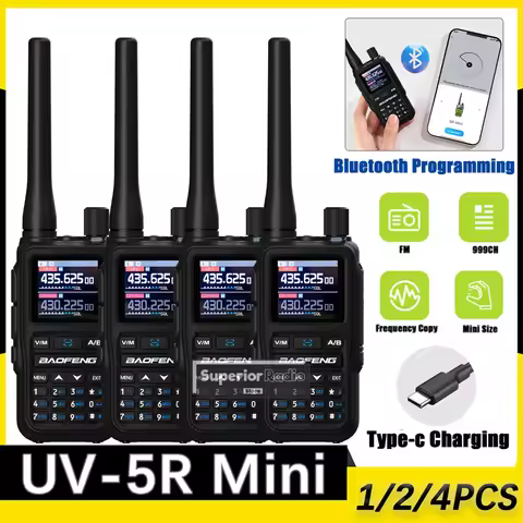 1/2/4PCS Baofeng UV-5R Mini Bluetooth Walkie Talkie LED Flashlight Black Color One Touch Frequency L