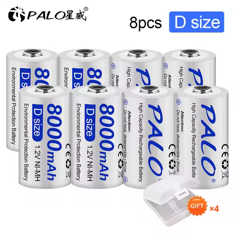 PALO D Size Rechargeable Battery 8000mAh D Cell D -Type Battery R20 LR20 Ni-MH Battery For Flash Lig