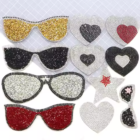 1PC Hot fix Rhinestone Sunglasses Heart Patches for Clothing Iron on Clothes Appliques Badge Stripes