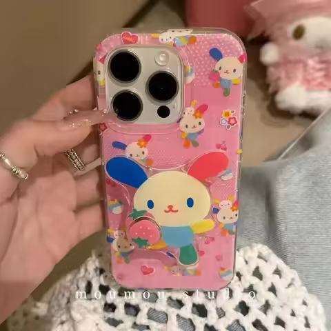 Usahana Pink Checkered Cute Phone Case + Stand for Iphone16Promax Iphone 15 Case 14/13/12 Sanrio Ani