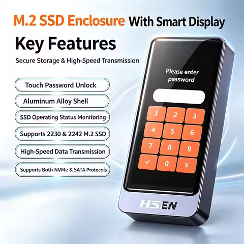 Password Lock M.2 SSD Enclosure with Smart Display Aluminum Portable External Hard Drive Case for 22