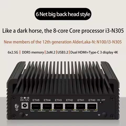 6 LAN 2.5G Firewall Router Intel Core I3 N355 N305 N150 N97 i226-V Fanless Mini PC DDR5 2xNVMe 1xSAT