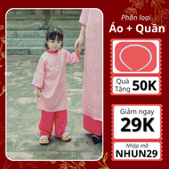 Set áo dài mẹ và bé áo dài gấm tơ cách tân màu hồng nhạt kèm quần lụa hồng cánh sen - A009