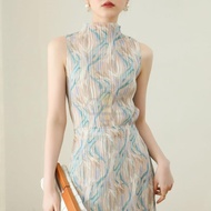 ✓ Aiden001 One Size Pleated Ins Style Casual Fashion Print Three-Piece Half-High Collar Vest Skirt 2