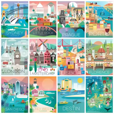 AZQSD 5d Diy Diamond Embroidery City Scenery Handmade Diamond Mosaic Postcard Building Home Decor Pa