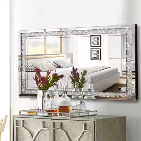 120x60CM Crystal Crush Diamond Wall Mirror Gorgeous RectangleSilver Mirrors for Bathroom, Bedroom, D