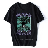 Men's 100% Cotton Round-Neck Short-Sleeve T-Shirt with 【GeGeGe no Kitaro】Cartoon Print