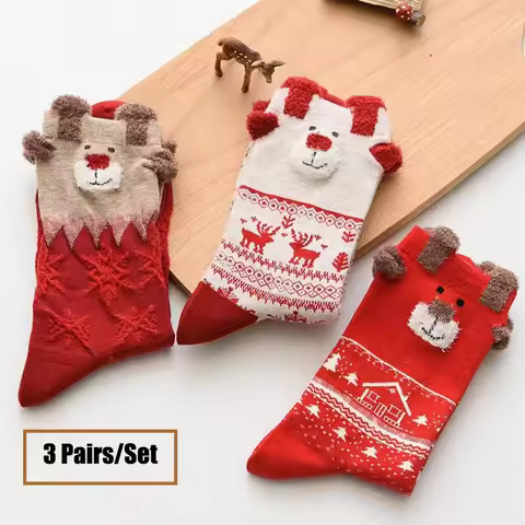 3 Pairs/Set Women Christmas Socks Cute Santa Claus Autumn Winter Elk Female Mid-Calf Socks Festival 