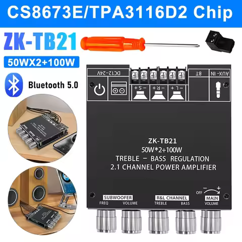 ZK-MT21 ZK-TB21 2x50W+100W Subwoofer Amplifier Board Bluetooth 5.0 Stereo Audio Receiver 2.1 Channel