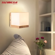 Sunmeiyi โคมไฟข้างเตียง LED ทรงสี่เหลี่ยม โคมไฟติดผนังไม้ กระจก เด็ก ยางไม้ ห้องนอน ทางเดิน ไฟกลางคืน ห้องนั่งเล่น การศึกษา ประตูทางเดิน a