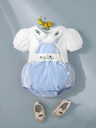 嬰兒女夏季新款法式復古洋娃娃領嬰兒衣氣泡袖哈衣攀緣衣夏季新款純色蕾絲刺繡結純色連體衣