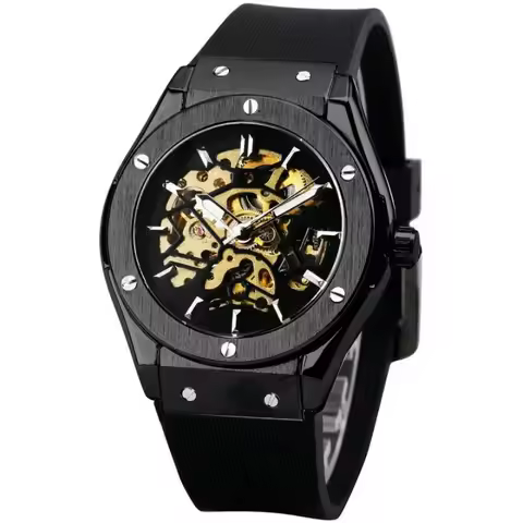WINNER Automatic Mechanical Watch for Men Rubber Strap Skeleton Dial Male Clock Military Sports Styl