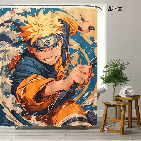 2D Flat Naruto Anime Naruto Uzumaki Kunai Wave Print Waterproof Shower Curtain for Bathroom Decor