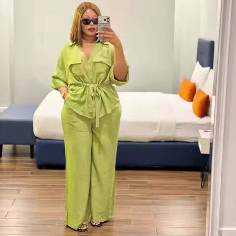 2026 New African Fashion Women Casual Two Piece Set Lace Up Slim Waist Zipper Up Blouse Top And Pant